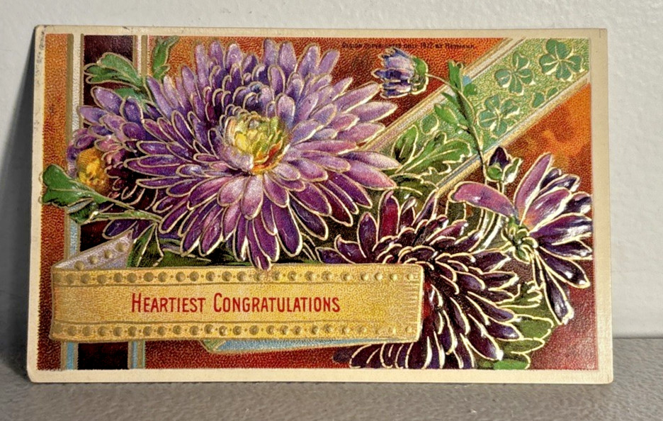 Postcard Purple Flowers Heartest Congratulations Greetings Postage on Back c1910