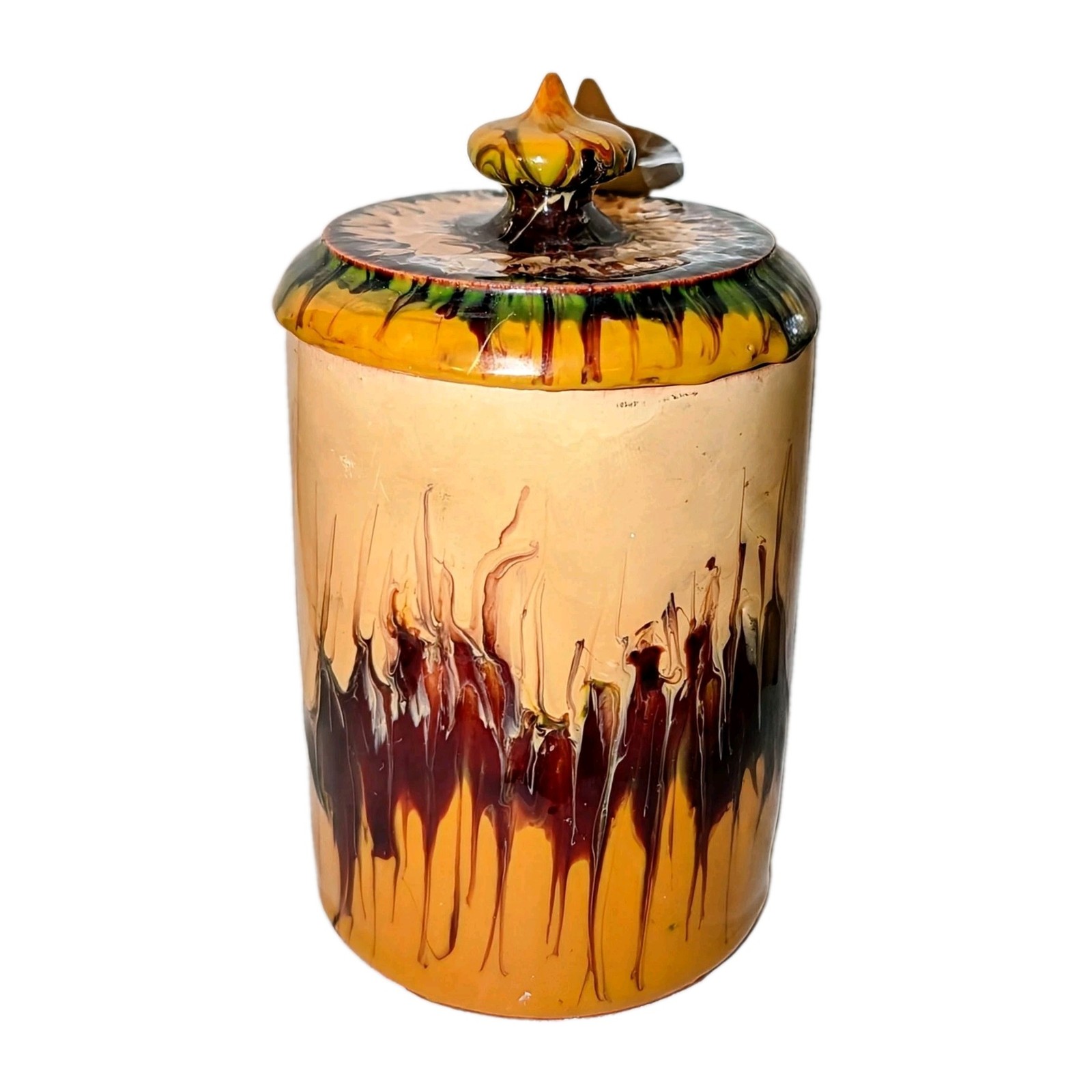 Vtg Lacquered Wood Psychedelic Drip Glaze Canister & Lid MCM Turned Wood Jar A+