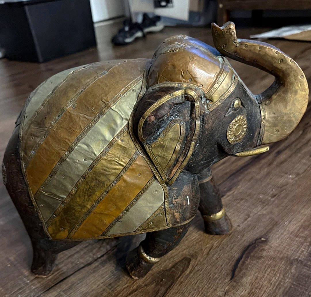 Vintage hand-carved Wooden Elephant with brass and copper inlay