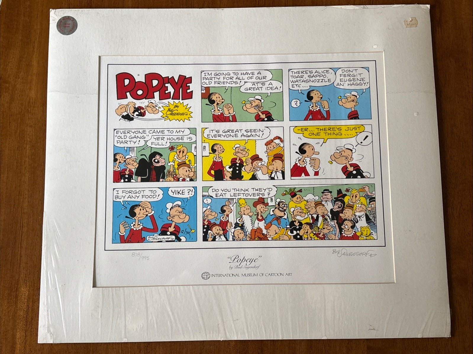 SIGNED Bud Sagendorf Popeye International Museum of Cartoon Art Lithograph w/COA