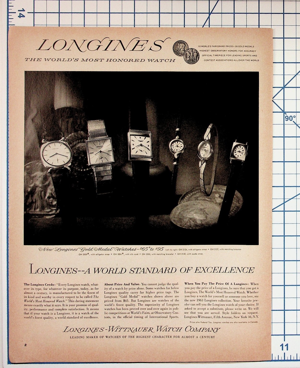 1963 Longines Gold Medal Watches Vintage Print Ad Wittnauer New York