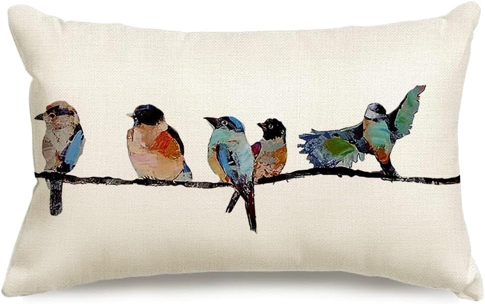 12x20 in Teal Bird Print Lumbar Throw Pillow Cover Linen Polyester Zipper