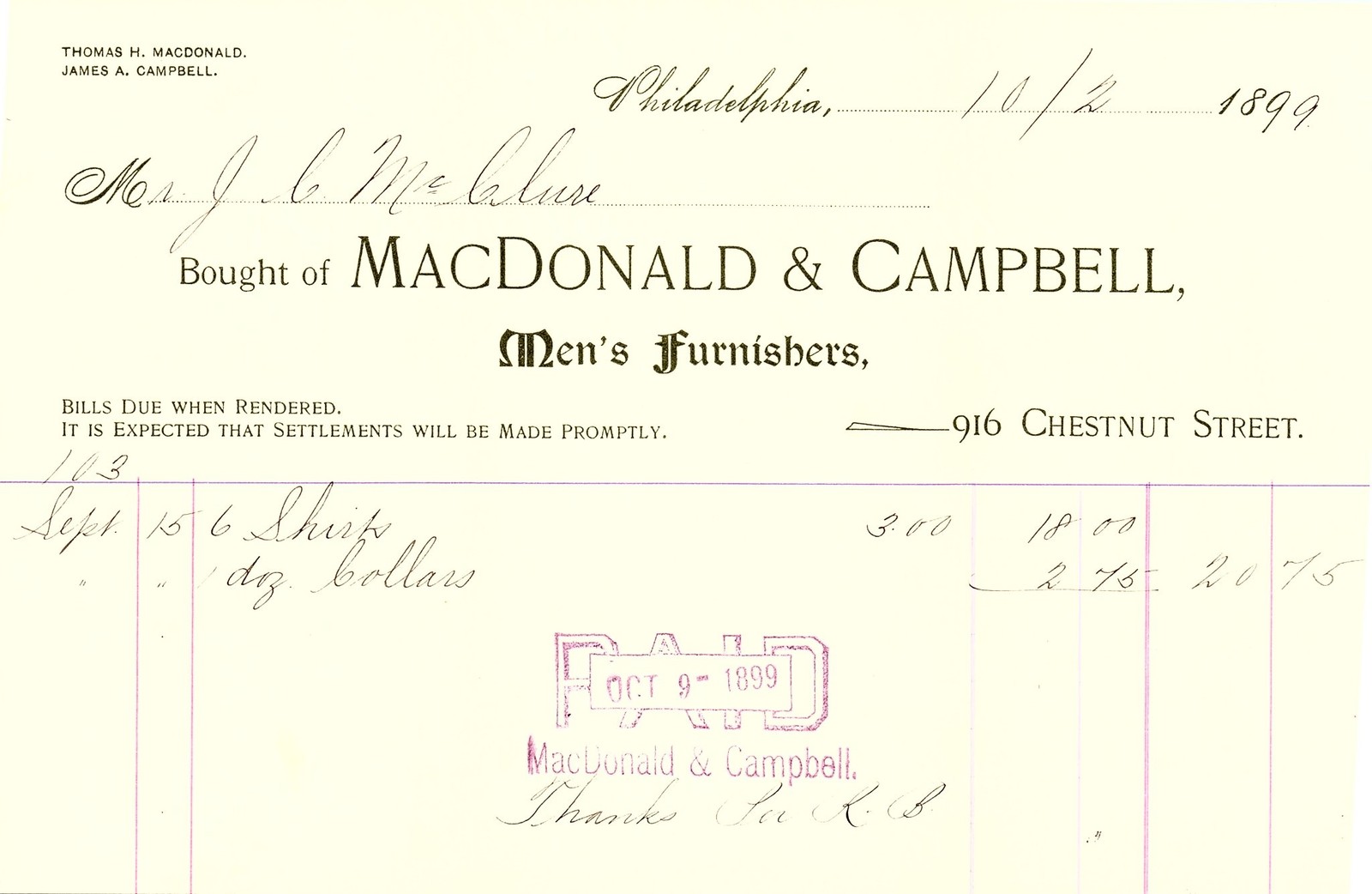 1899 Philadelphia Men's Furnisher Macdonald & Campbell Billh