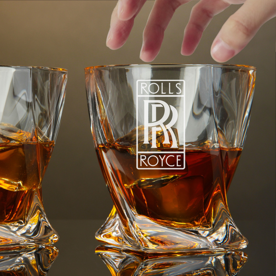 Custom Engraved Rolls Royce Whiskey Glass – 10 oz Twisted Rocks Glass