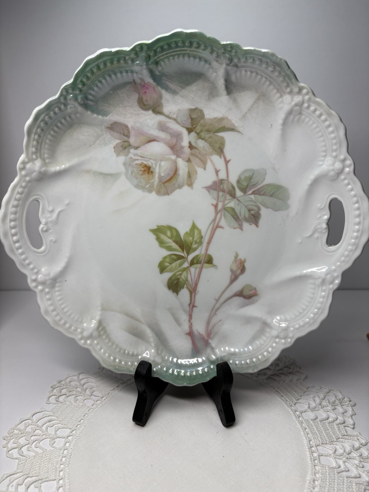 Antique Leuchtenburg Germany Porcelain Cake Plate Roses On Thorny Vine Motif