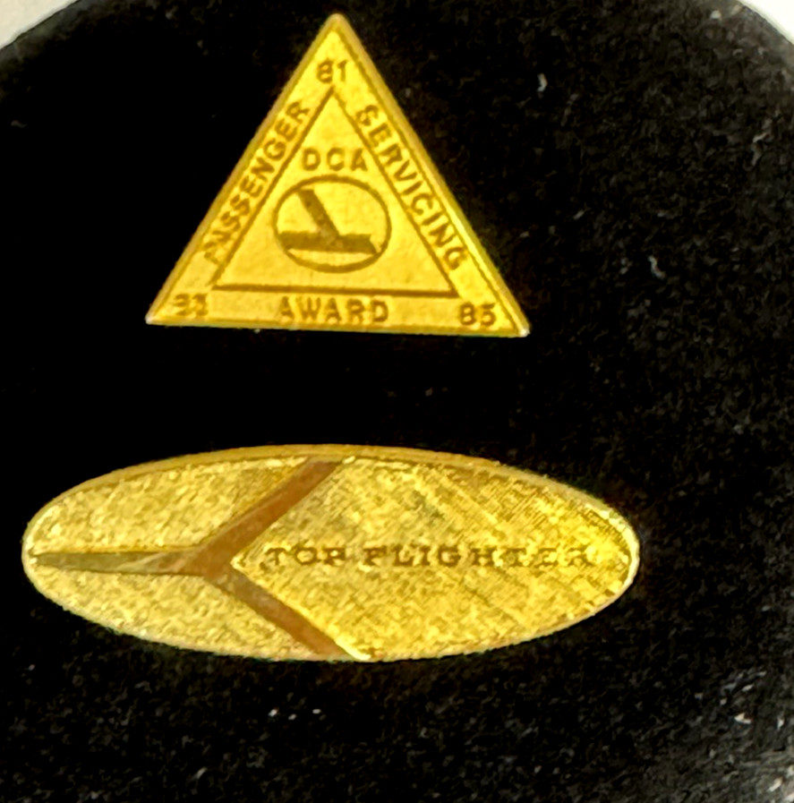 (2) VTG. Eastern Airlines GoldTone Service Awards Pins: DCA Award & Topflighter