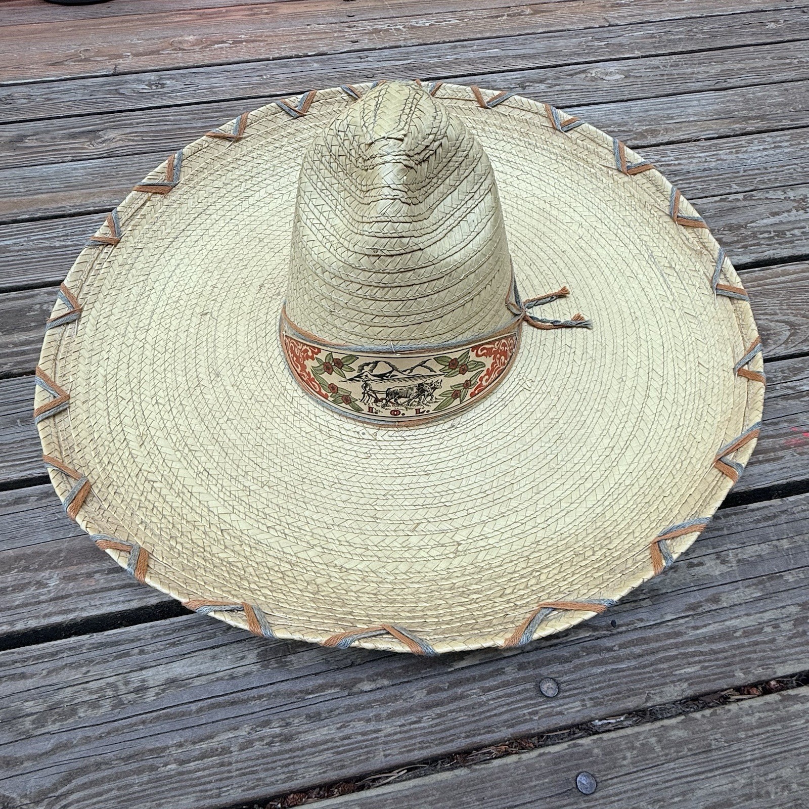 Vintage Mid Century Handwoven Mexican Palm Sombrero Embossed I.O.L. Band