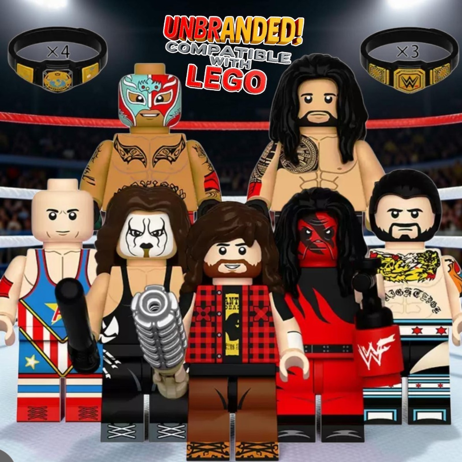 7x Figure Ľot WWE Custom Wrestling Minifigure Lot Foley Sting Roman CM PUNK Belt