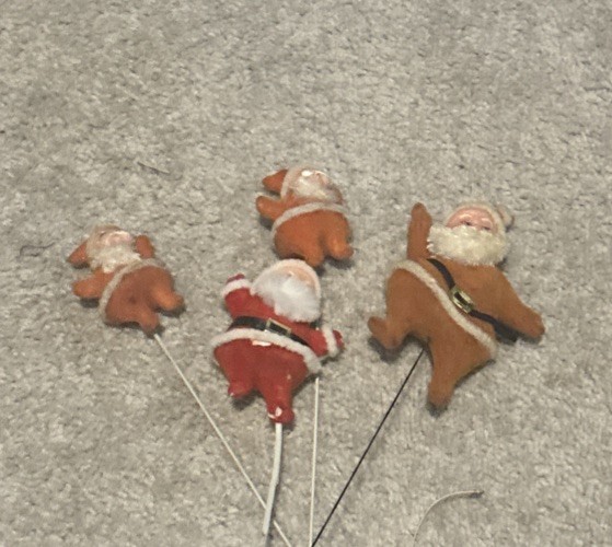 4 VTG Christmas Flocked Dancing Santa Floral Pick Ornaments Kitschy Hong Kong