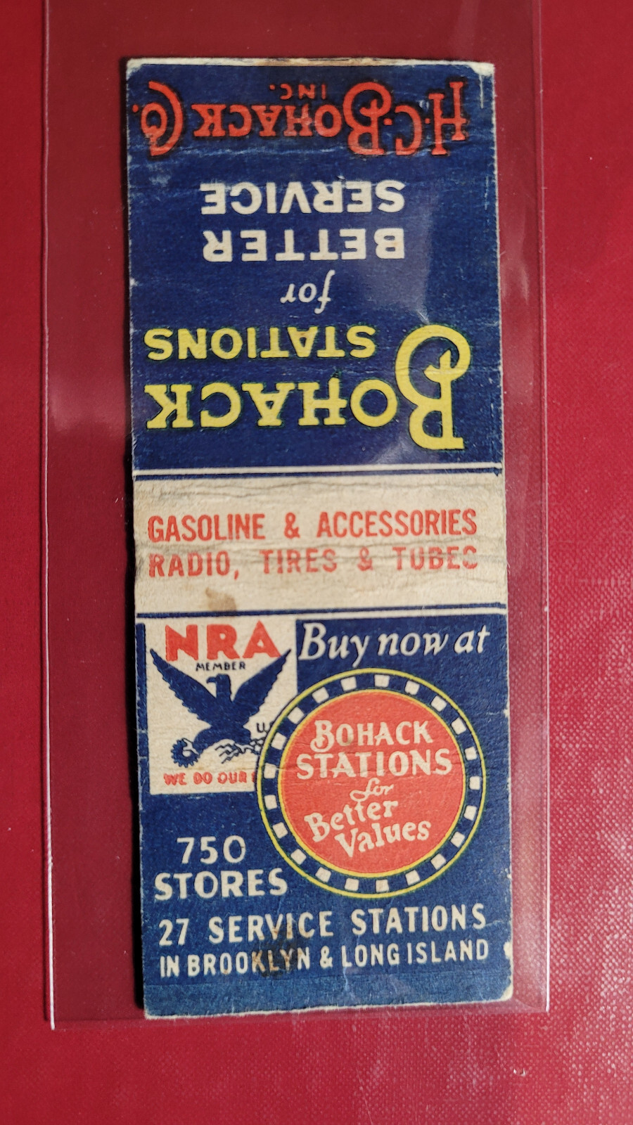 1930\'s Bohack Gasoline Stations Brooklyn/NRA Act Matchbook Match Cover