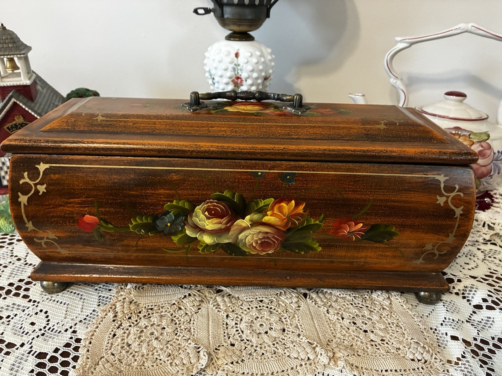 Vintage Hand, Painted Wooden Keepsake Box, Lidded, and Velvet Lined