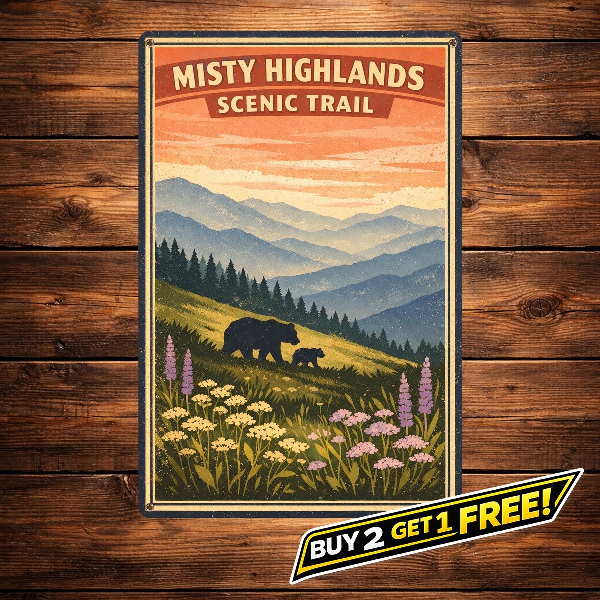 Great Smoky Mountain National Park Tennessee Bears Metal Tin Sign Art 8x12