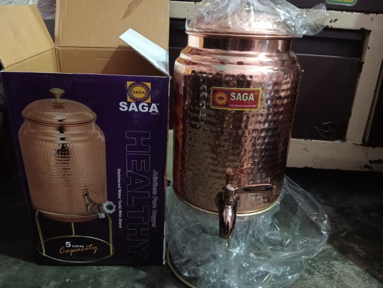 Pure Hammered Copper Water Dispenser With Stand 5 Ltr. Copper Matka Tank Vessel