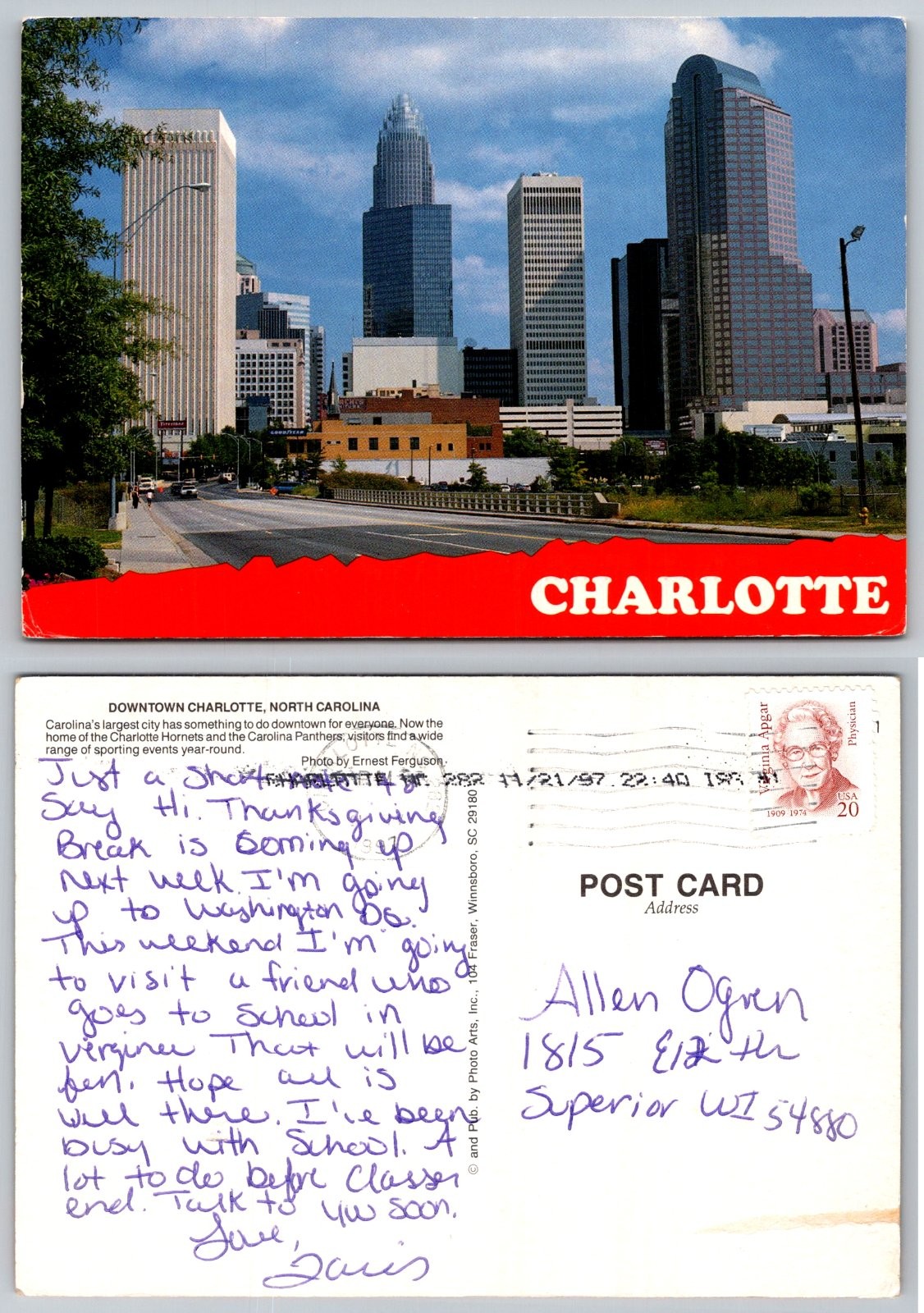 Continental Charlotte North Carolina Downtown Cityscape Skyline Postcard