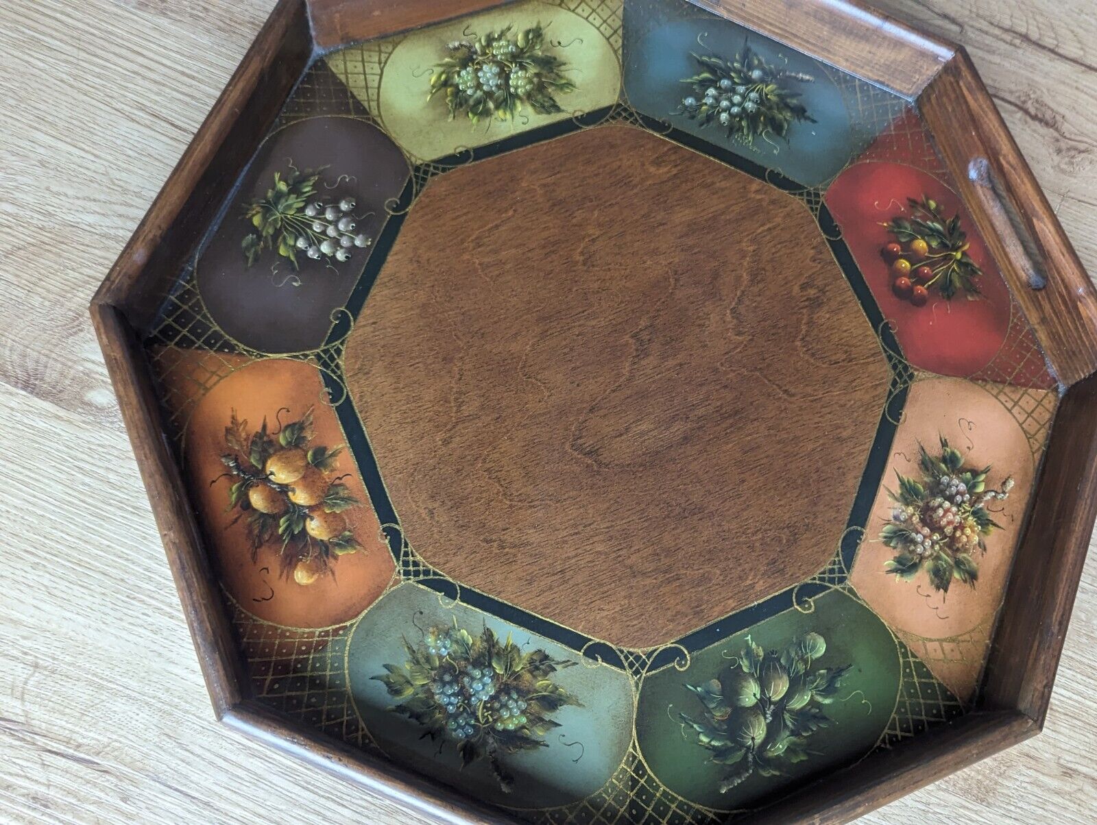 VINTAGE Hand Painted Octagonal FRUIT Wooden Tray 15.75\
