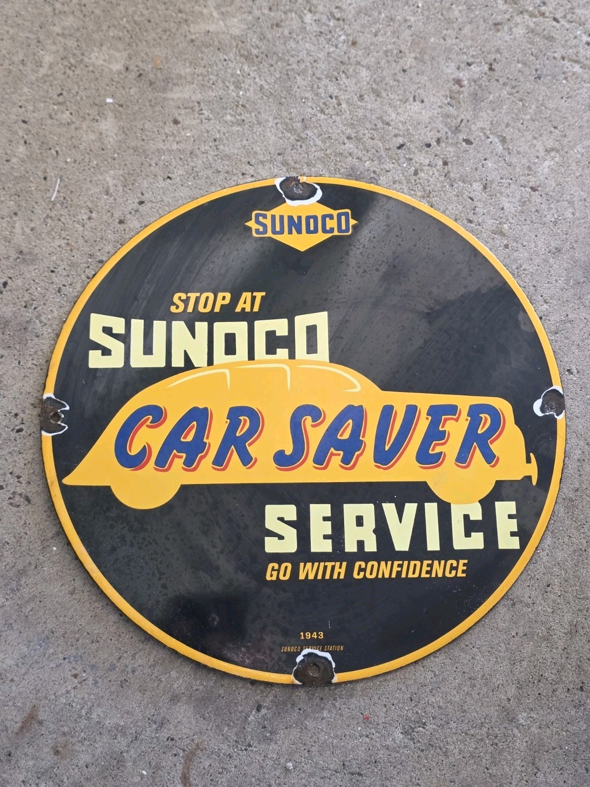 VINTAGE SUNOCO CAR SAVER SERVICE PORCELAIN SIGN 12