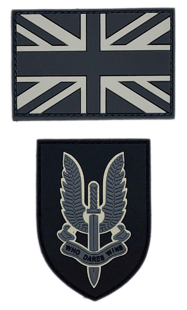 UK British Flag SAS Who Dares Win Patch [2PC Bundle - PVC Rubber -Hook Fastener-