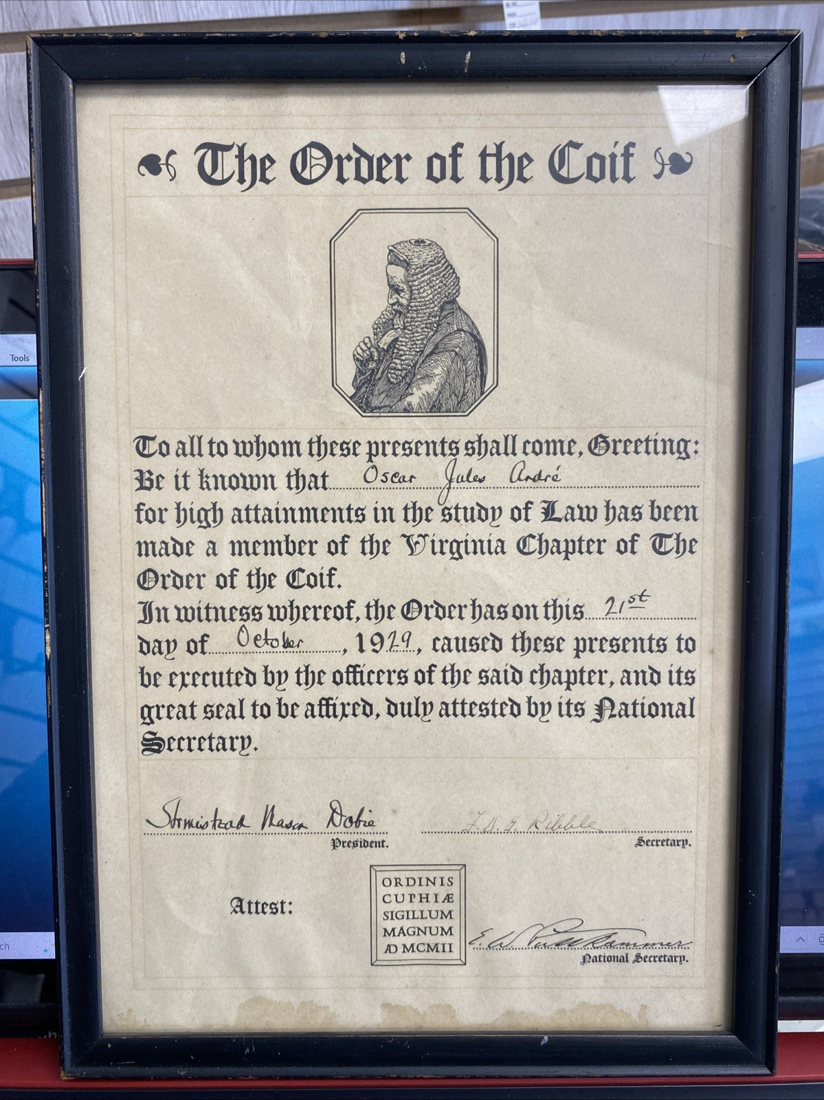 1929 The Order of the Coif Certificate High Attainment in Study of Law -Virginia