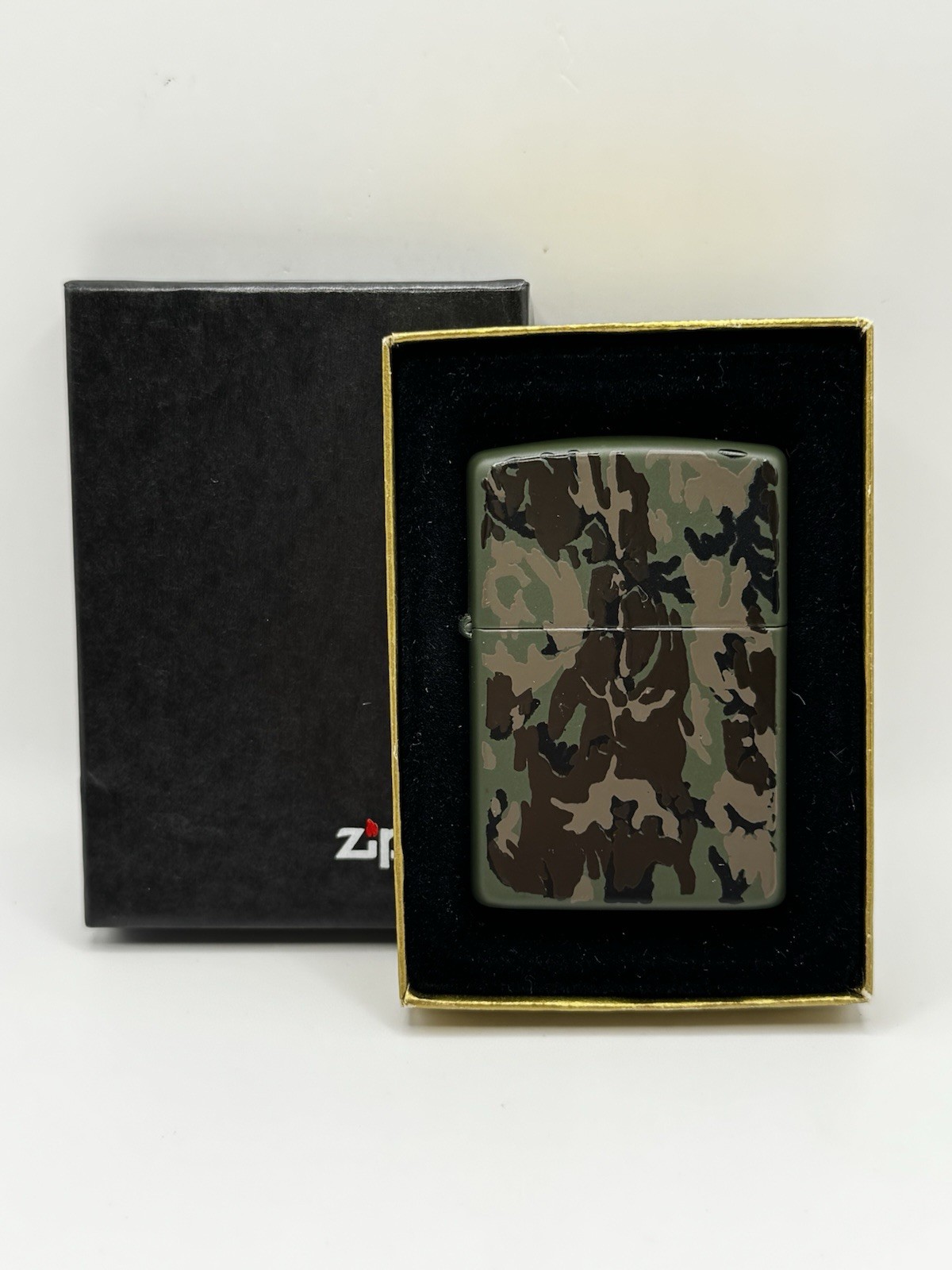 Vintage 1990s Zippo Lighter Camo Camouflage Green Brown Original Box NOS