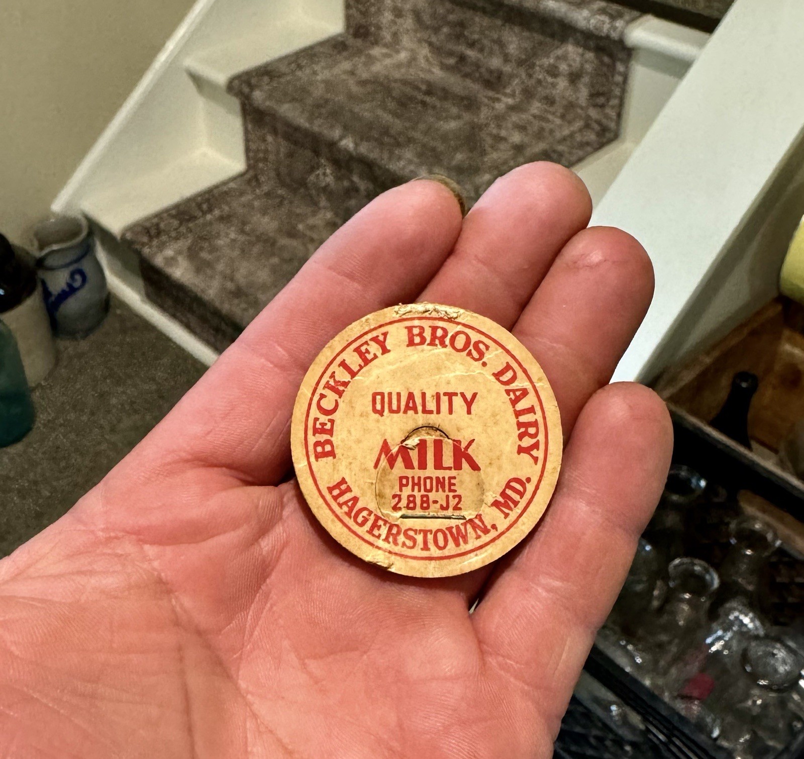 Beckley Bros Dairy Phone 288-J2 Hagerstown MD Antique Milk Bottle Cap 1940s Era