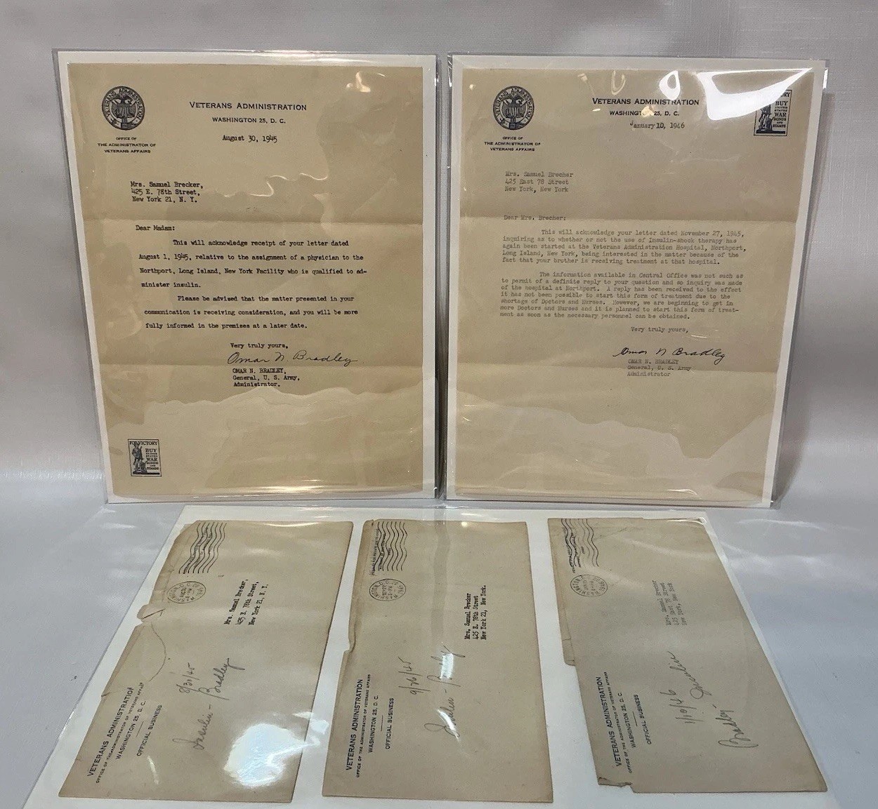 3 WWII Gen Omar Bradley Signed Letters 1945-46 VA Hospital Insulin Shock Therapy