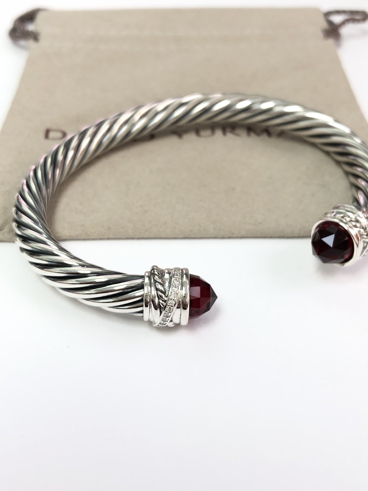 David Yurman 7mm Cable Crossover  Bracelet 925 Silver Red Garnet & Diamonds