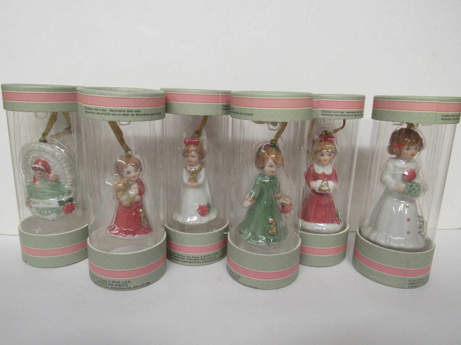 Enesco 2017 Set of 6 Growing Up Girls Porcelain Ornaments Birth - 5 New Mint