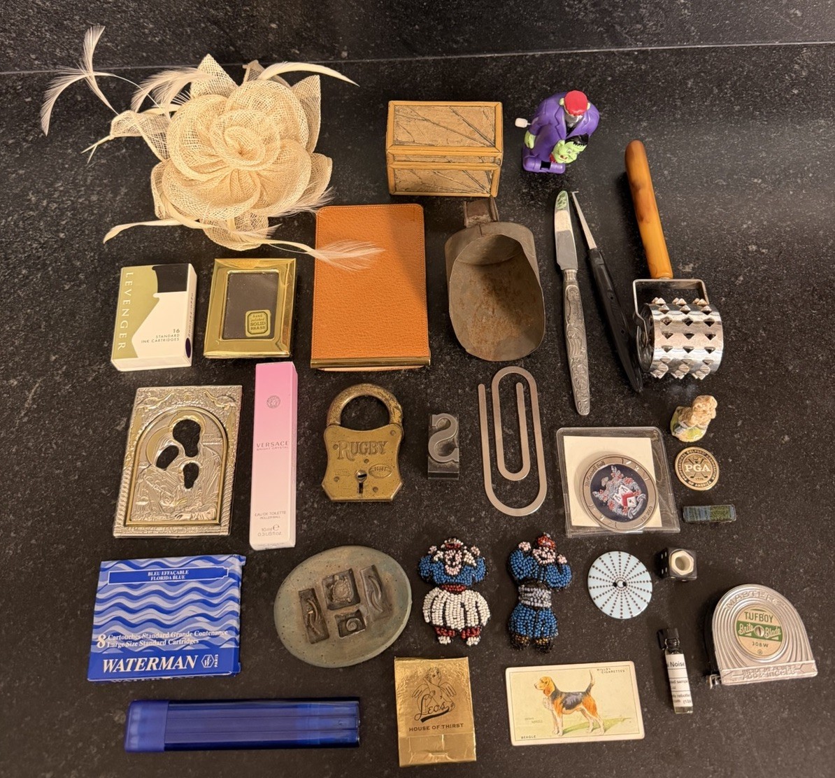 Vintage Estate Junk Drawer Lot RUGBY Lock Waterman Wills Beagle PGA Frankenstein