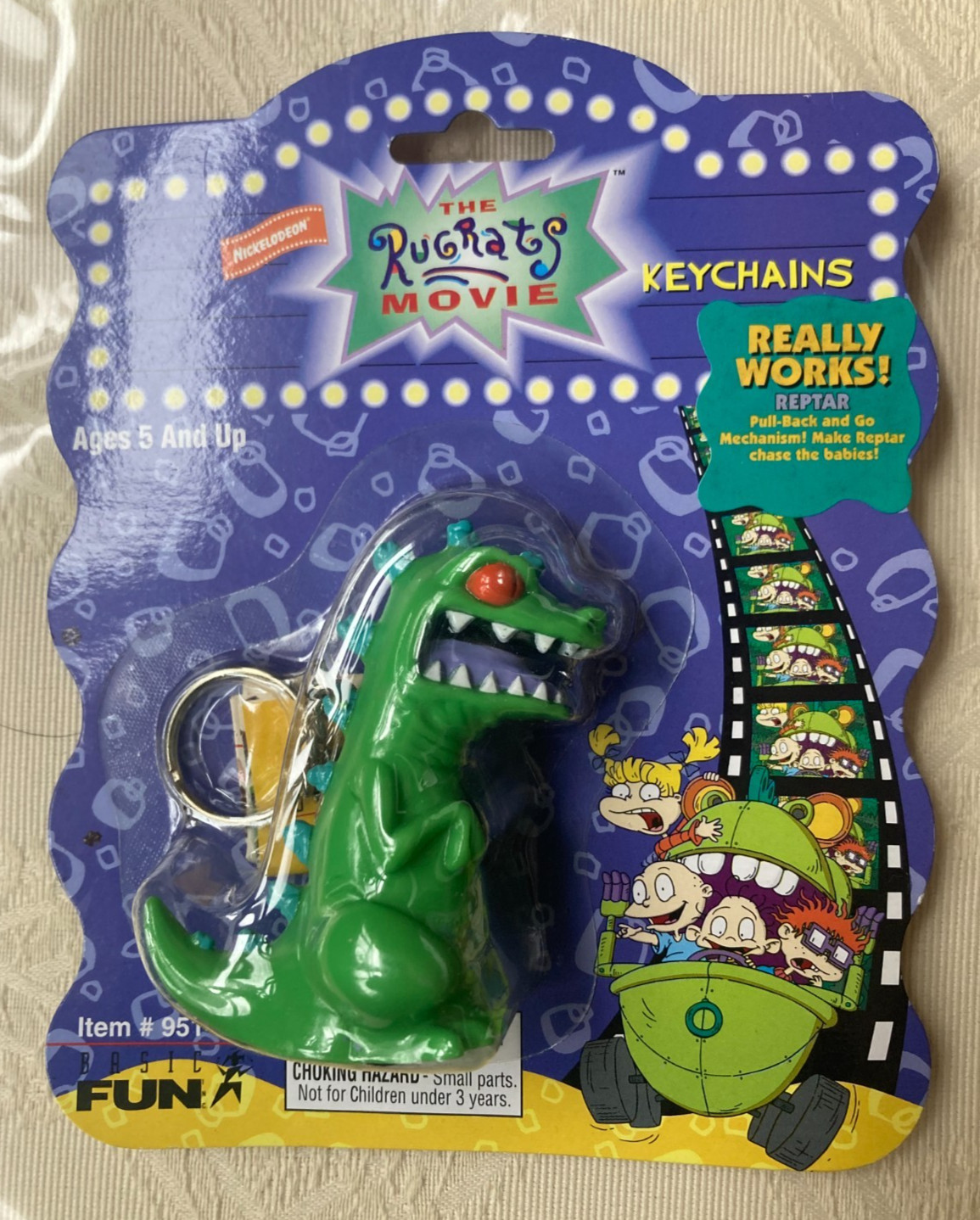 Nickelodeon Basic Fun 1997  Rugrats Keychain Reptar Pull Back and Go NEW Sealed