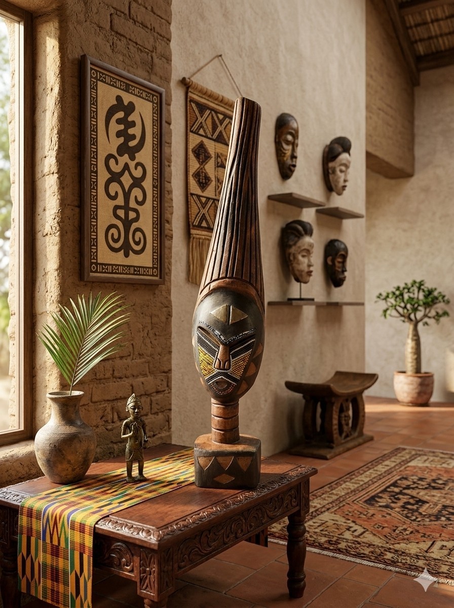 West African Hand-carved Sese Wood Beaded Sculpture Art Ghana 