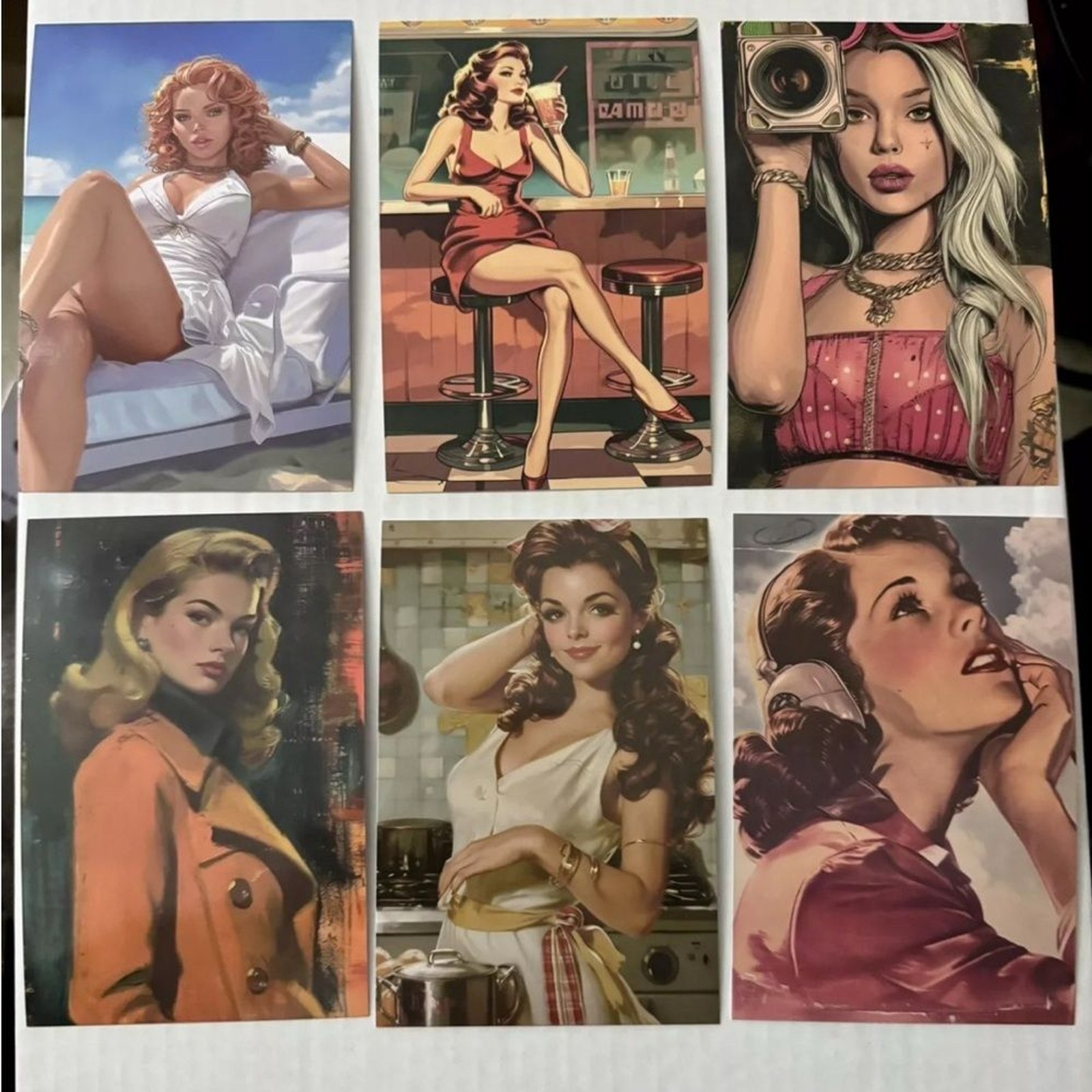 12 Vintage Postcards Retro Pin-up Girls Postcard-Style Art Print Wall Decoration