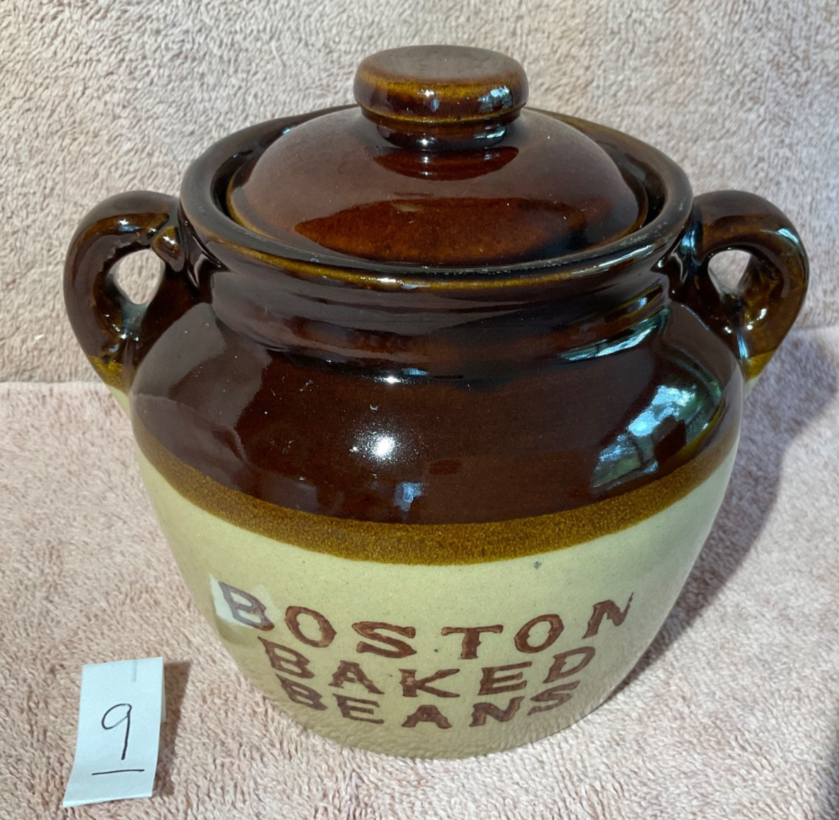 Vintage Boston Baked Beans 5” Crock W/Lid Brown/Tan Color USA