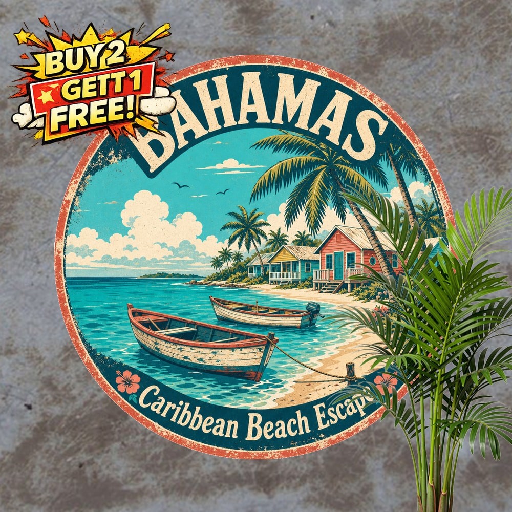 Bahamas Tropical Beach Scene Round Metal Sign Coastal Wall Decor Plaque 8x8