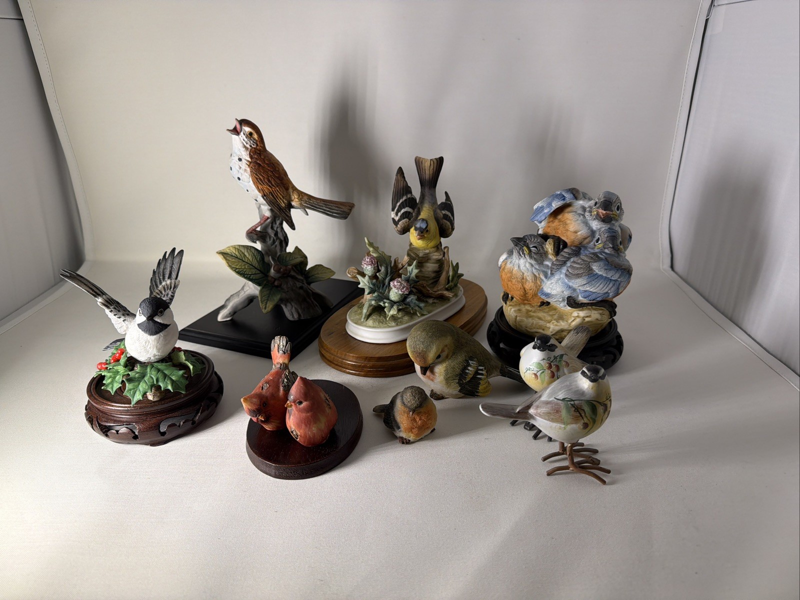 Lot of 10 Multicolor Resin & Ceramic Mixed Bird Figurines (Some on Bases) 