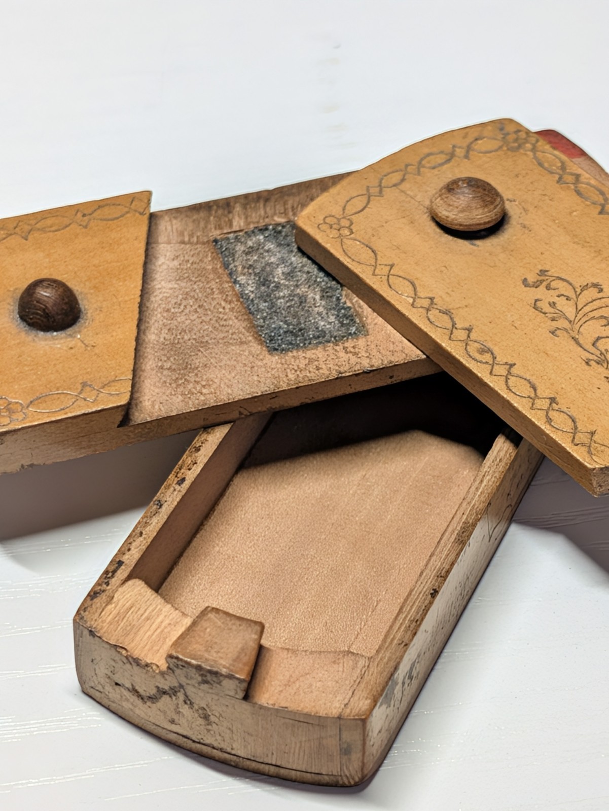 Antique 1800s Folk Art Treen Trick Puzzle Sliding Match Safe Vesta Striker Box