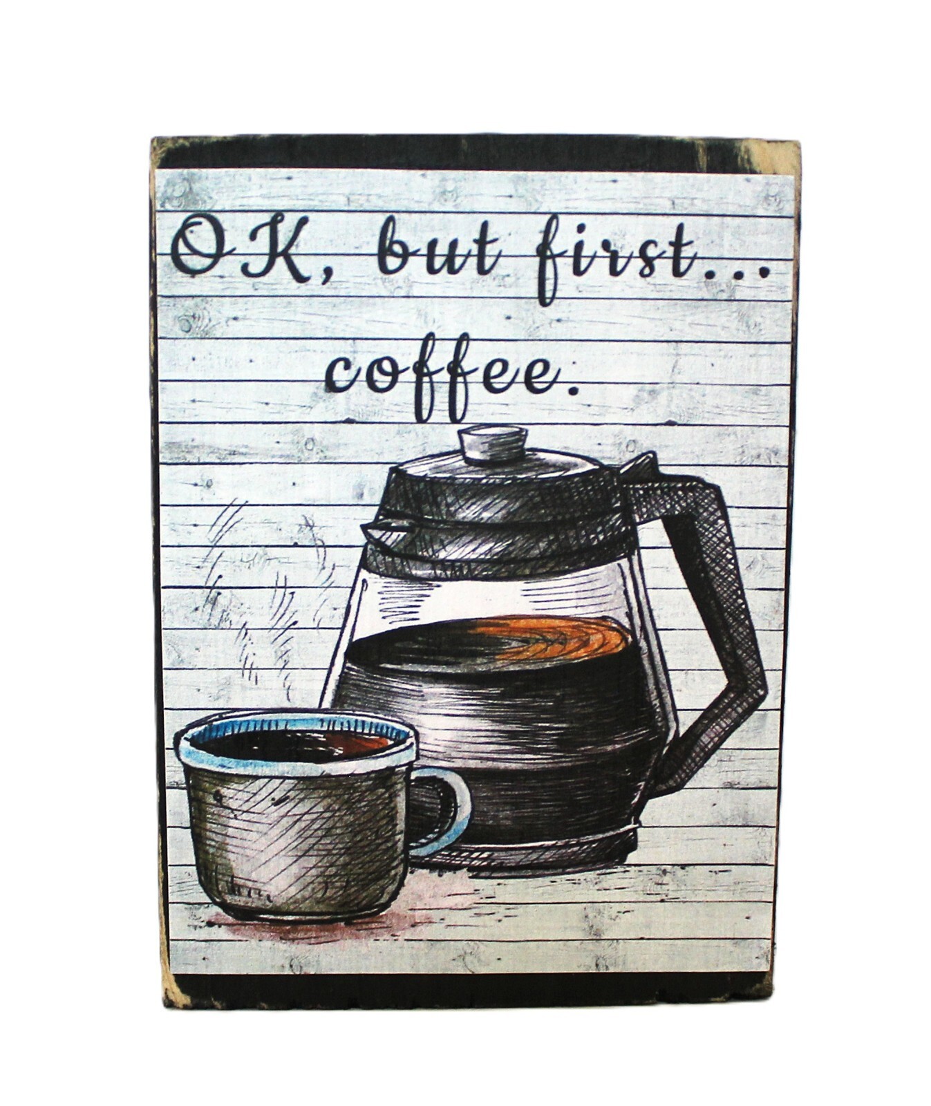 OK But First Coffee Primitive Farmhouse Tiered Tray Sign Shelf Sitter Block USA