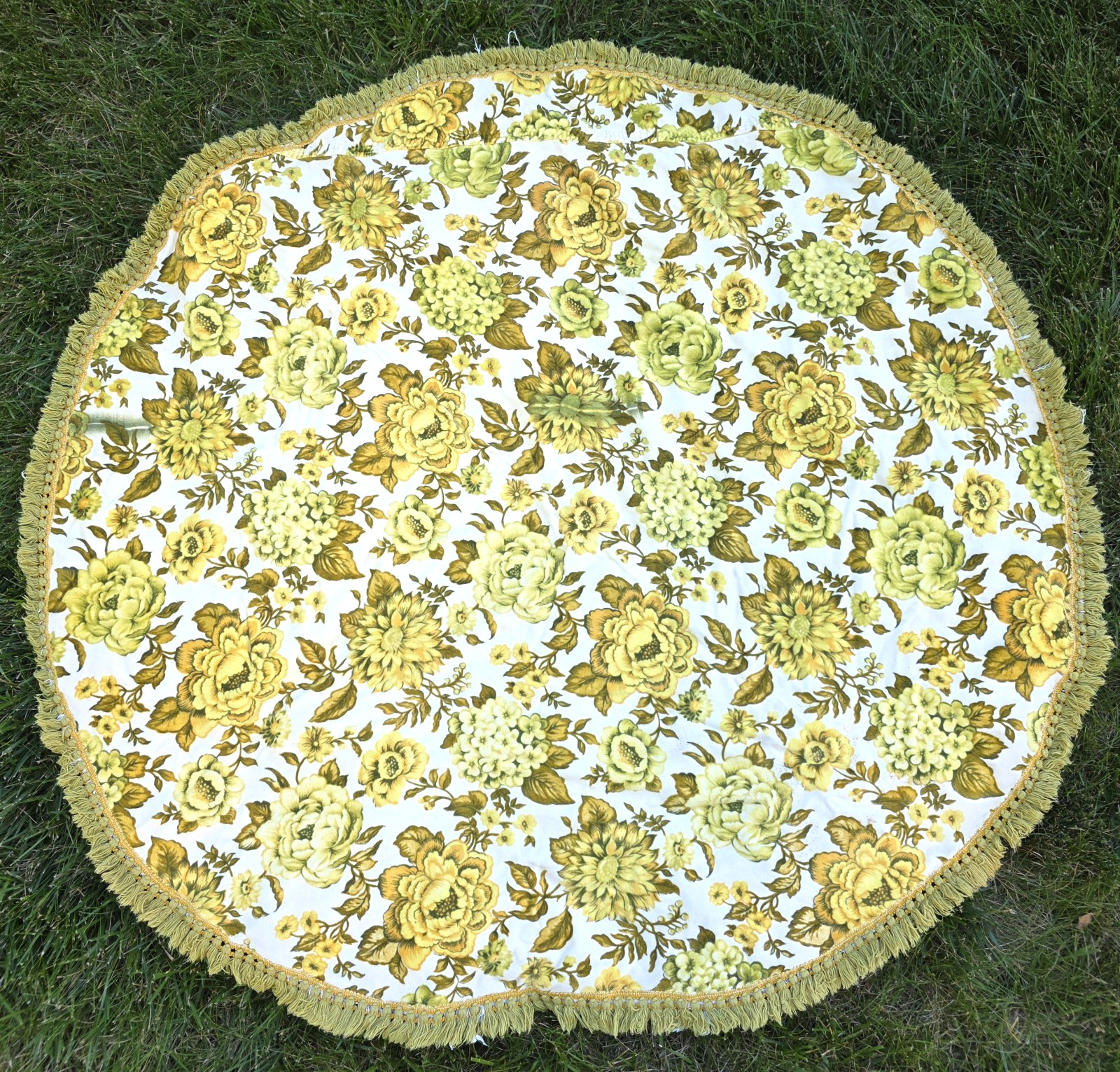 Floral Fringe Tablecloth Handmade Yellow Green Retro Boho Cottagecore 48x52 VTG