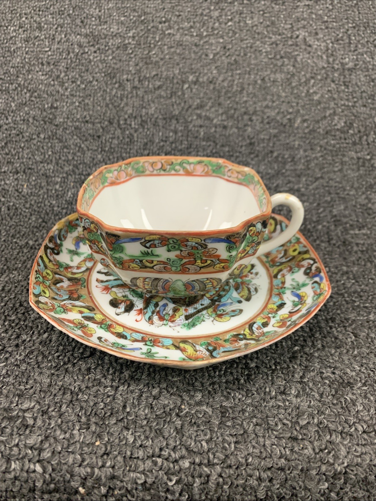 Antique Chinese Famille Rose Medallion Porcelain Octagonal Cup Saucer Butterfly