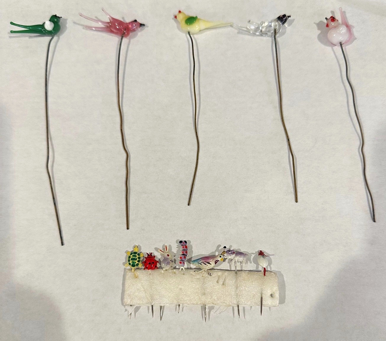  12 vintage blown glass animal martini hors d’oeuvres pins/hat pins diff sizes 