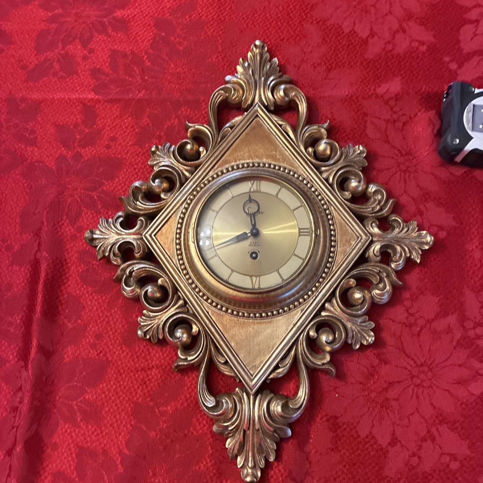 Vtg 1960s MCM SYROCO  Gold 8 Day Jeweled Wall Clock 20