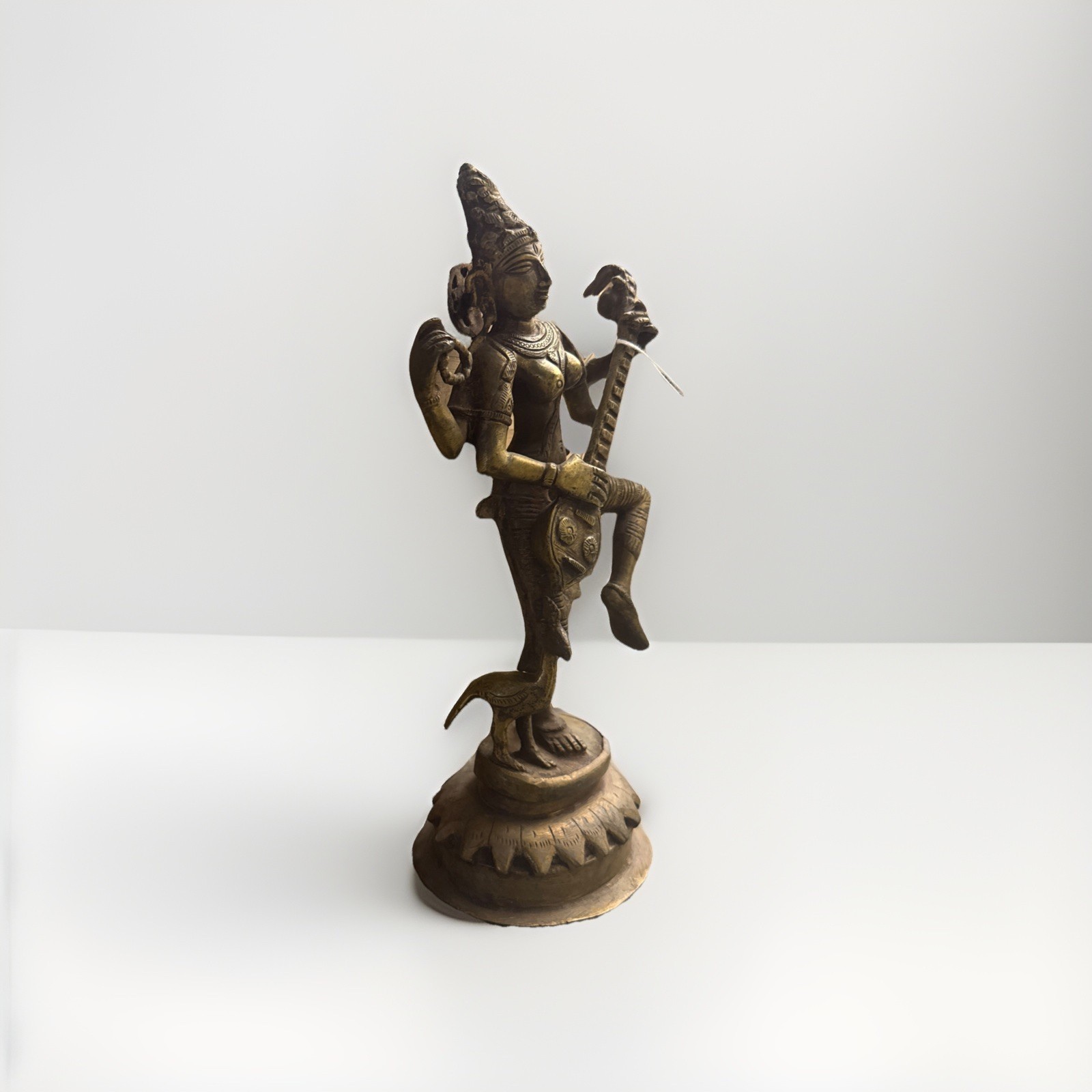VINTAGE INDIAN BRASS SARASWATI STATUE 13.5