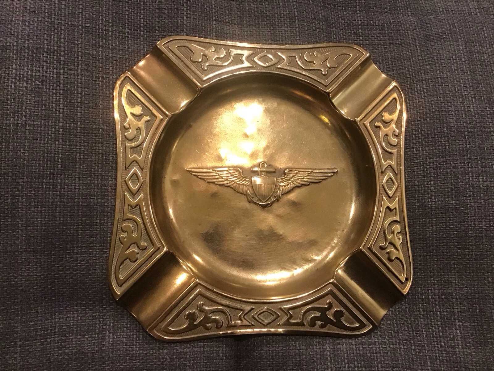Vintage 5” Stamped Brass US Navy Aviator Wings Ashtray WWII  Pilot Trench Art