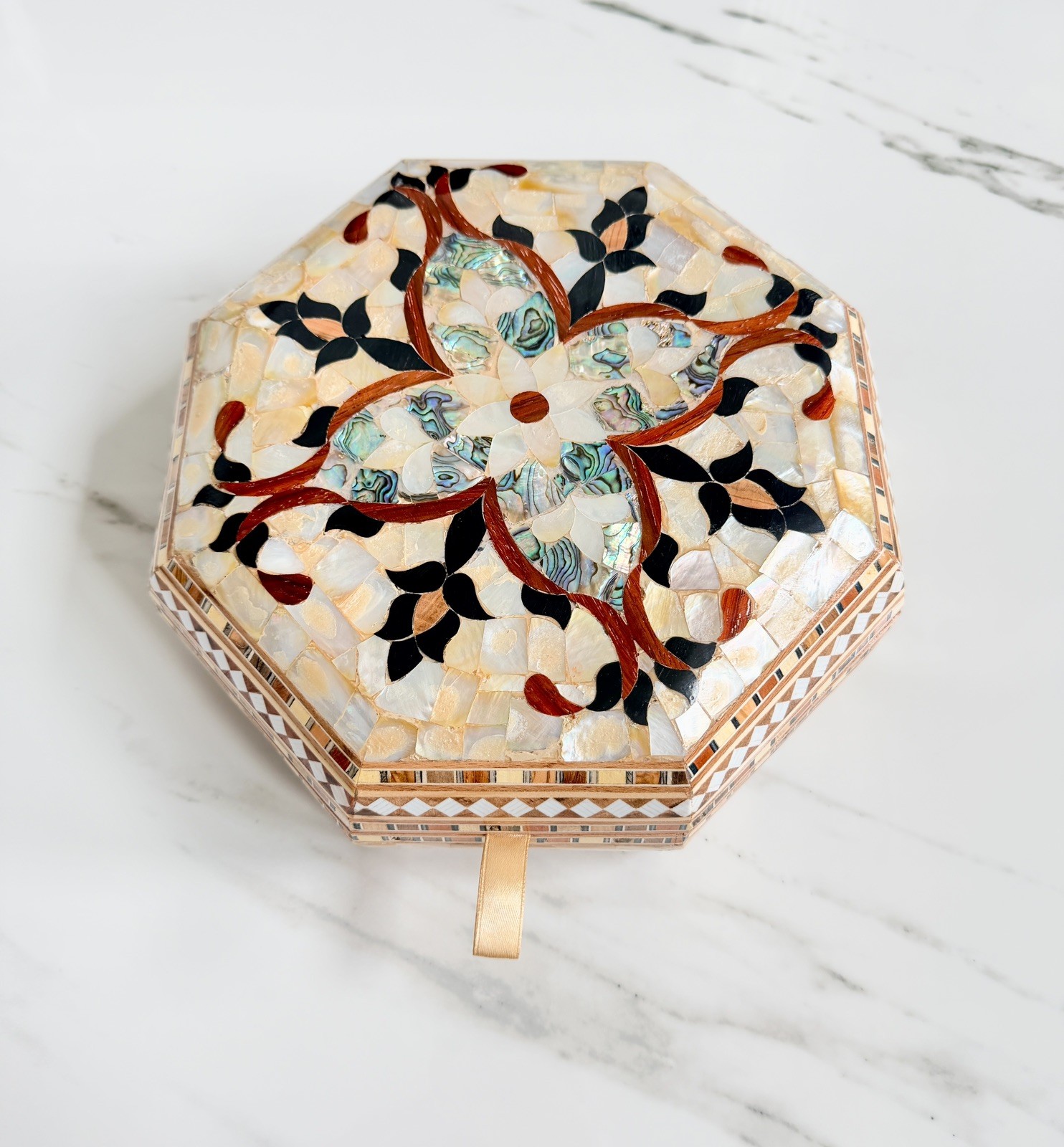 Octagonal Mother of Pearl Jewelry Box, Handmade Inlaid Wood Trinket Box