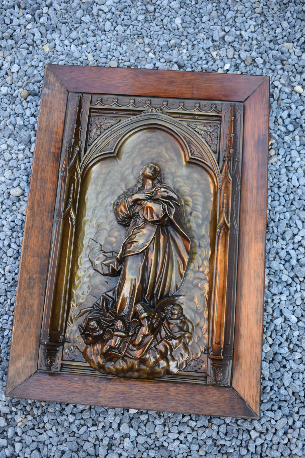 Antique Belgian copper bas relief our LAdy Ascension assumption Angels plaque
