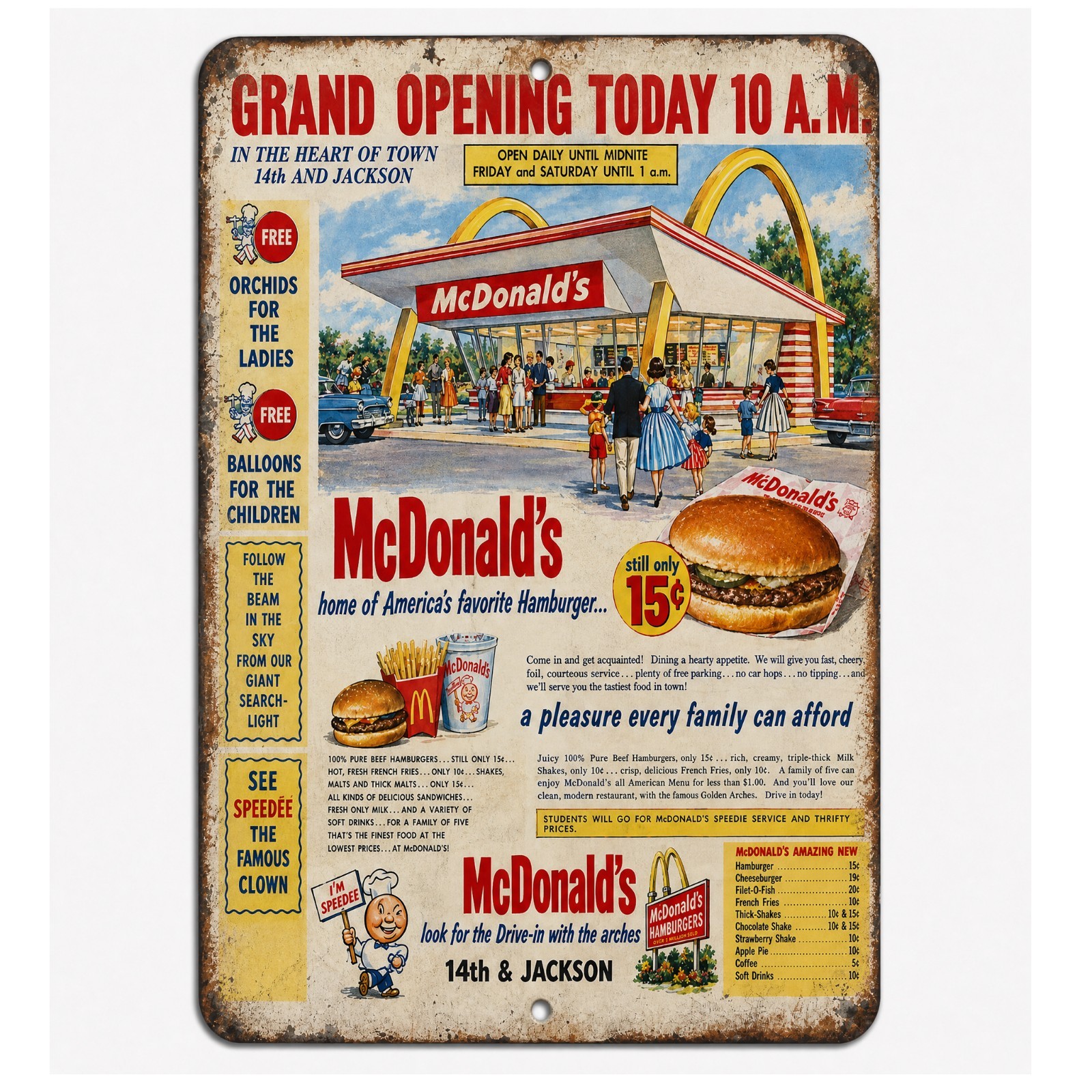 McDonalds Hamburgers Vintage Metal Sign Grand Opening 1950s Era Replica  3 Sizes