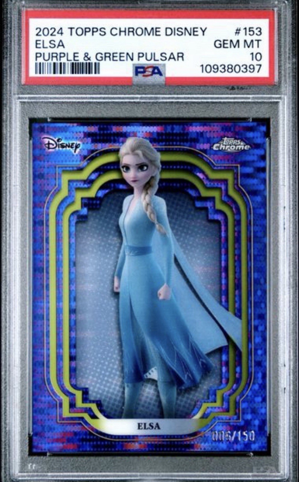 Topps 2024 Topps Chrome Disney Frozen Elsa #153 Purple & Green Pulsar PSA 10