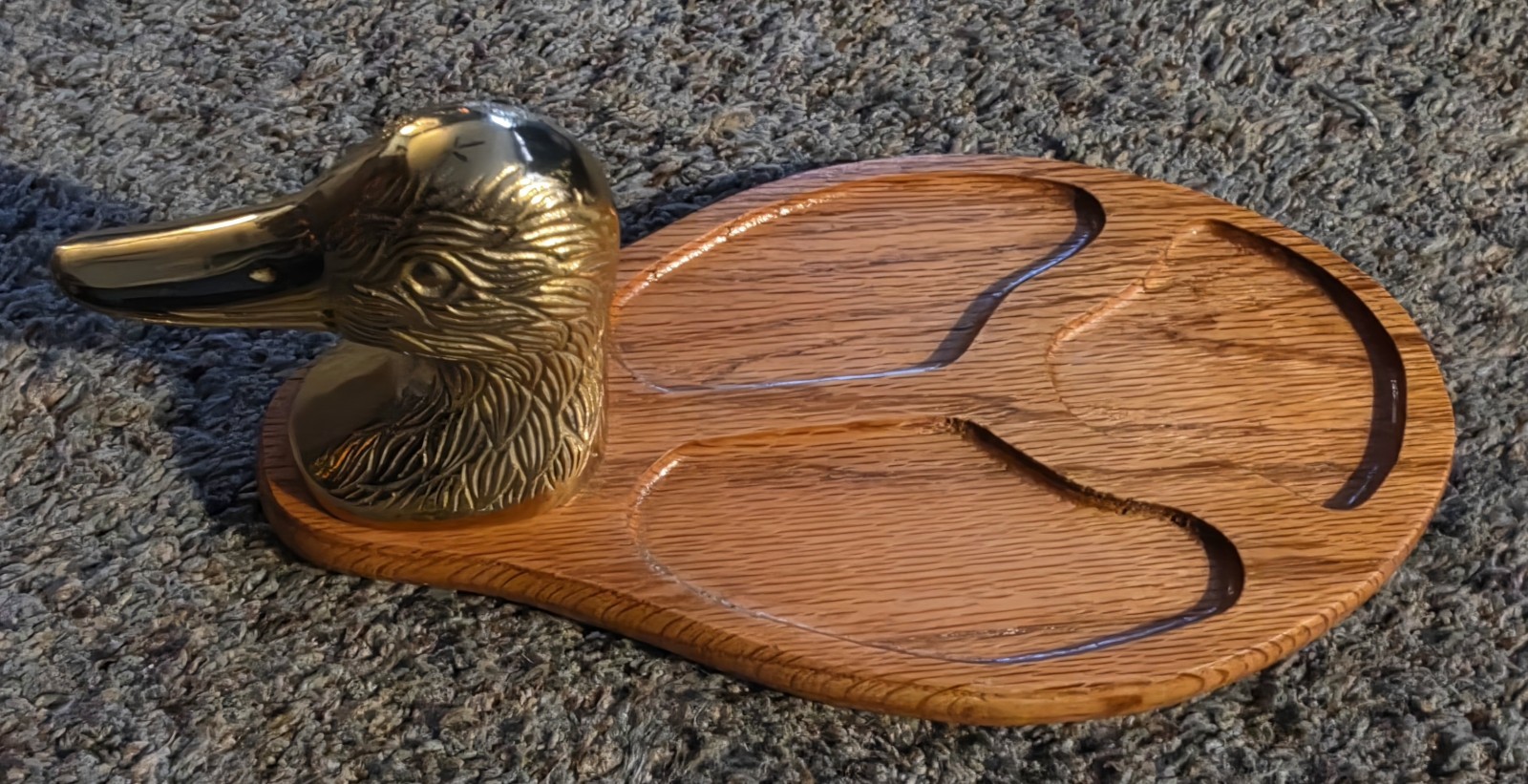 Vtg MCM Brass Duck Head Wooden Valet Tray Trinket/Change/Jewelry Holder 10.75”