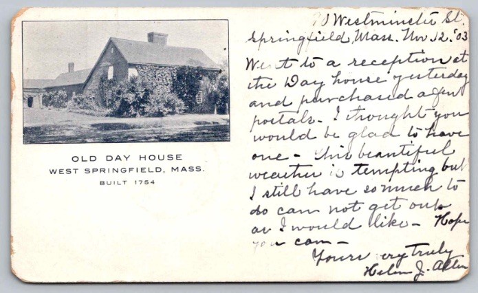 c1903 Old Day House Built 1754 West Springfield Massachusetts MA UDB Postcard