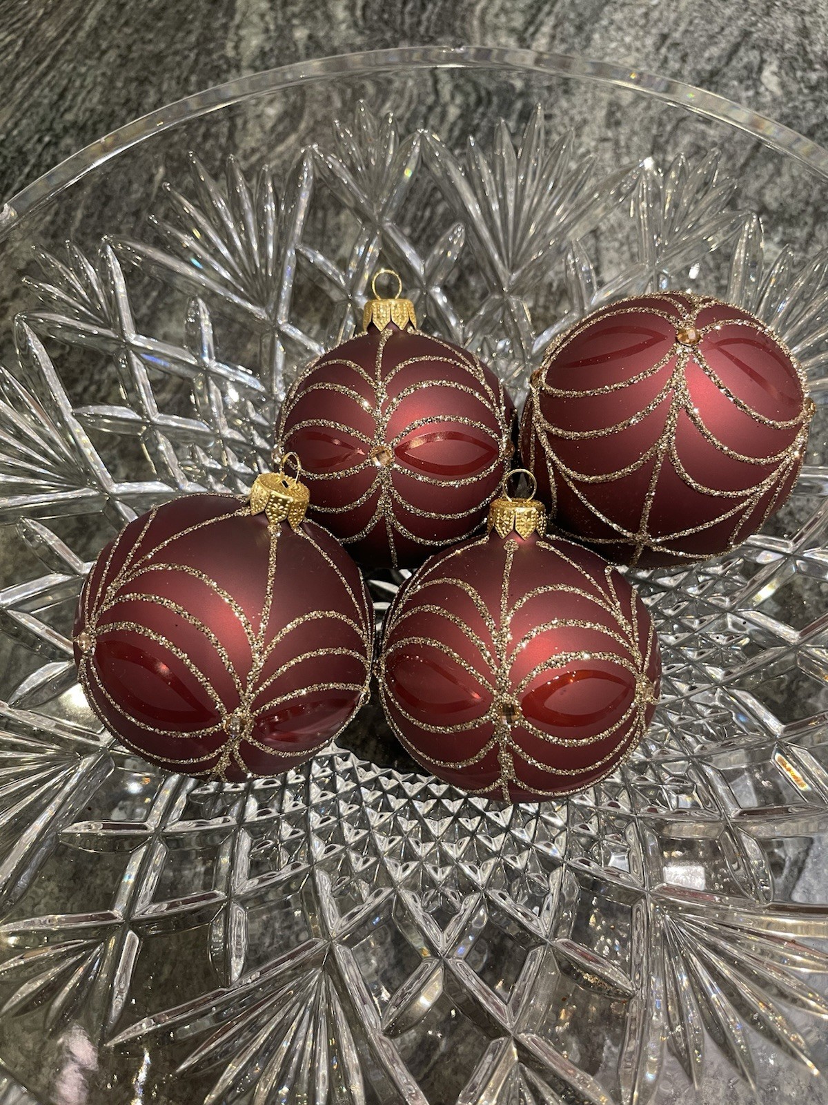 NEIMAN MARCUS DAGMARA 3inch Burgundy Brown Gold Glitter Ornaments Set Of 4