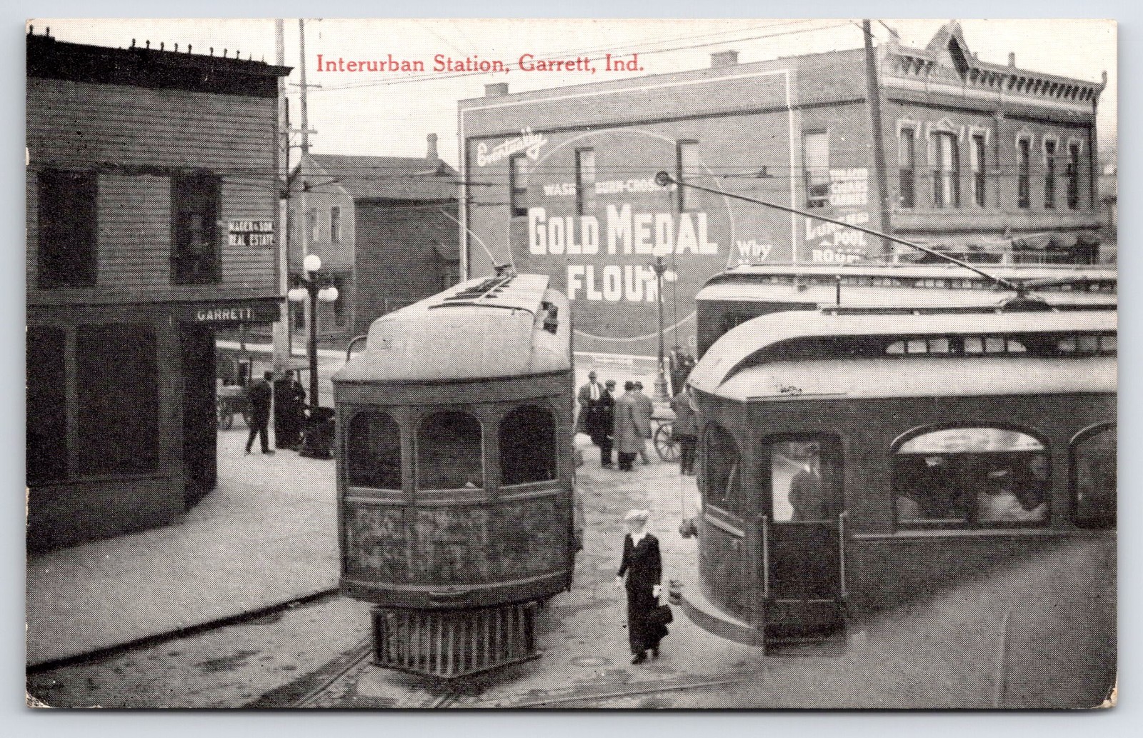 Garrett Indiana Interurban Station 1921 Antique Postcard Train Gold Meadow Flour